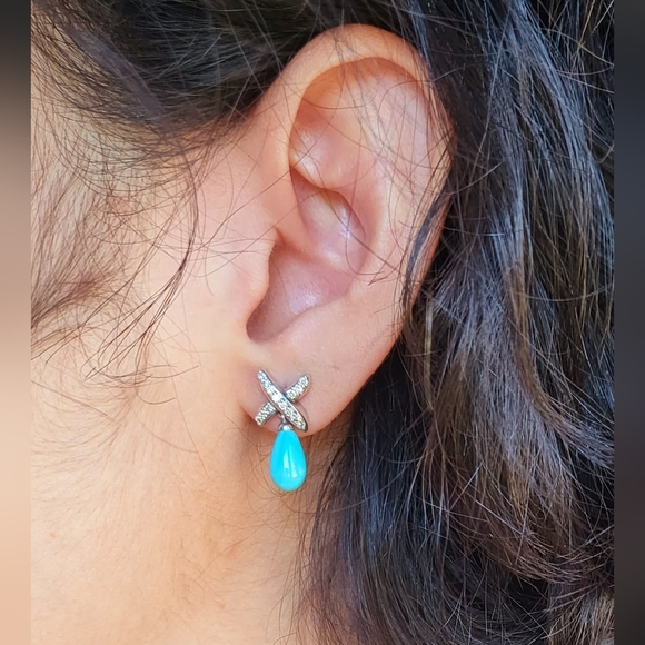 Vintage/Rare David Yurman Teardrop Turquoise & Diamond Stud Earrings SS & 18k ✨️ - Picture 9 of 9